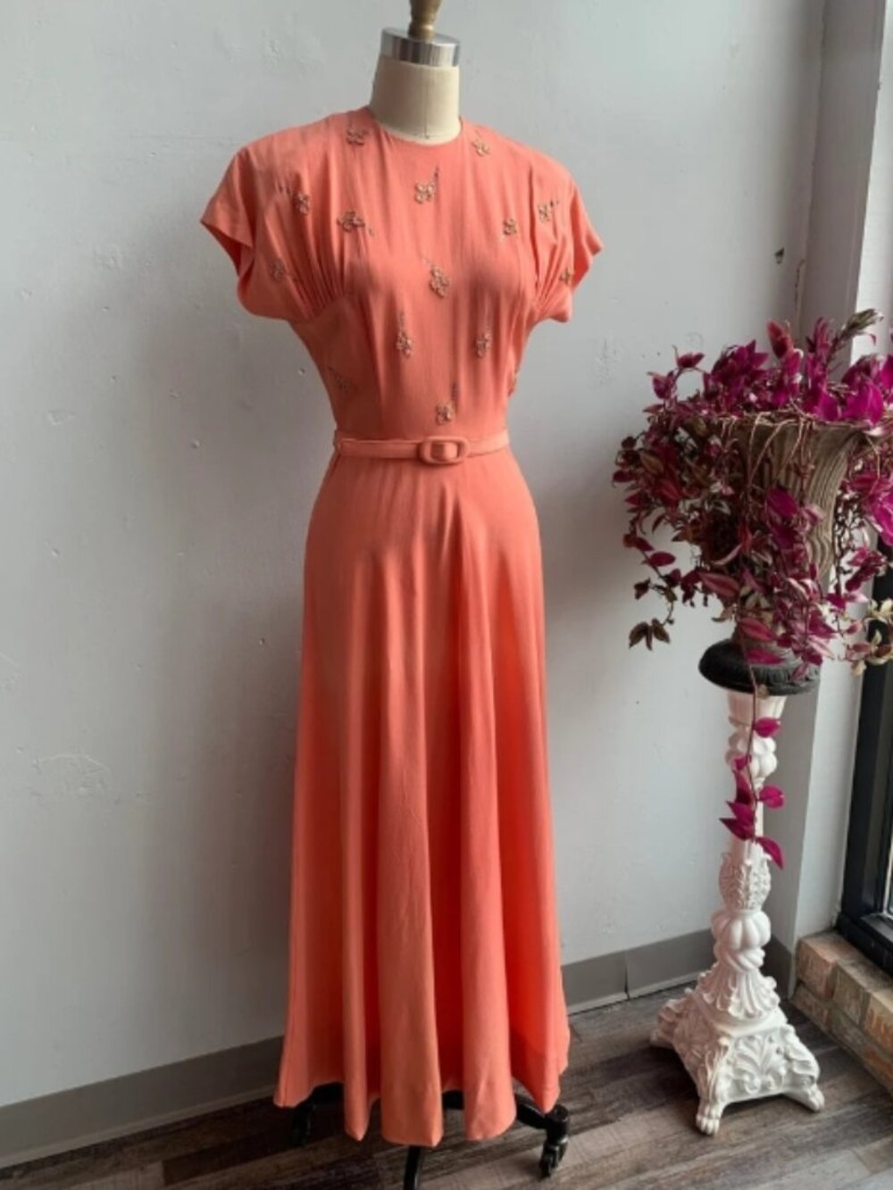 1940s Salmon Pink Rhinestone Rayon Formal Gown by DuBarry